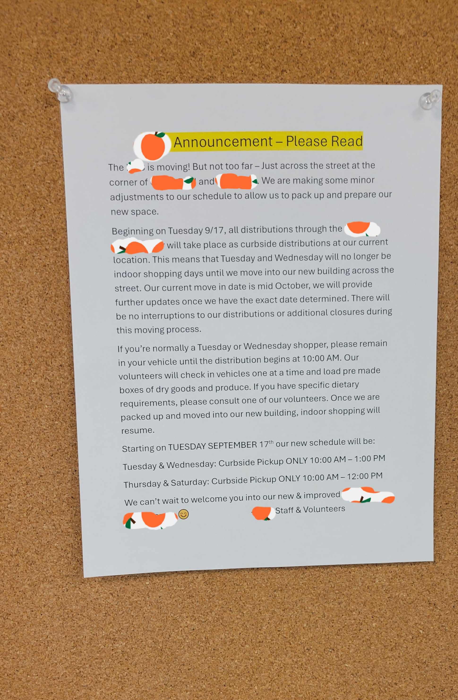 Paper talking about food pantry moving plans, how they will be outdoors distribution only until the move, and the schedule for it.